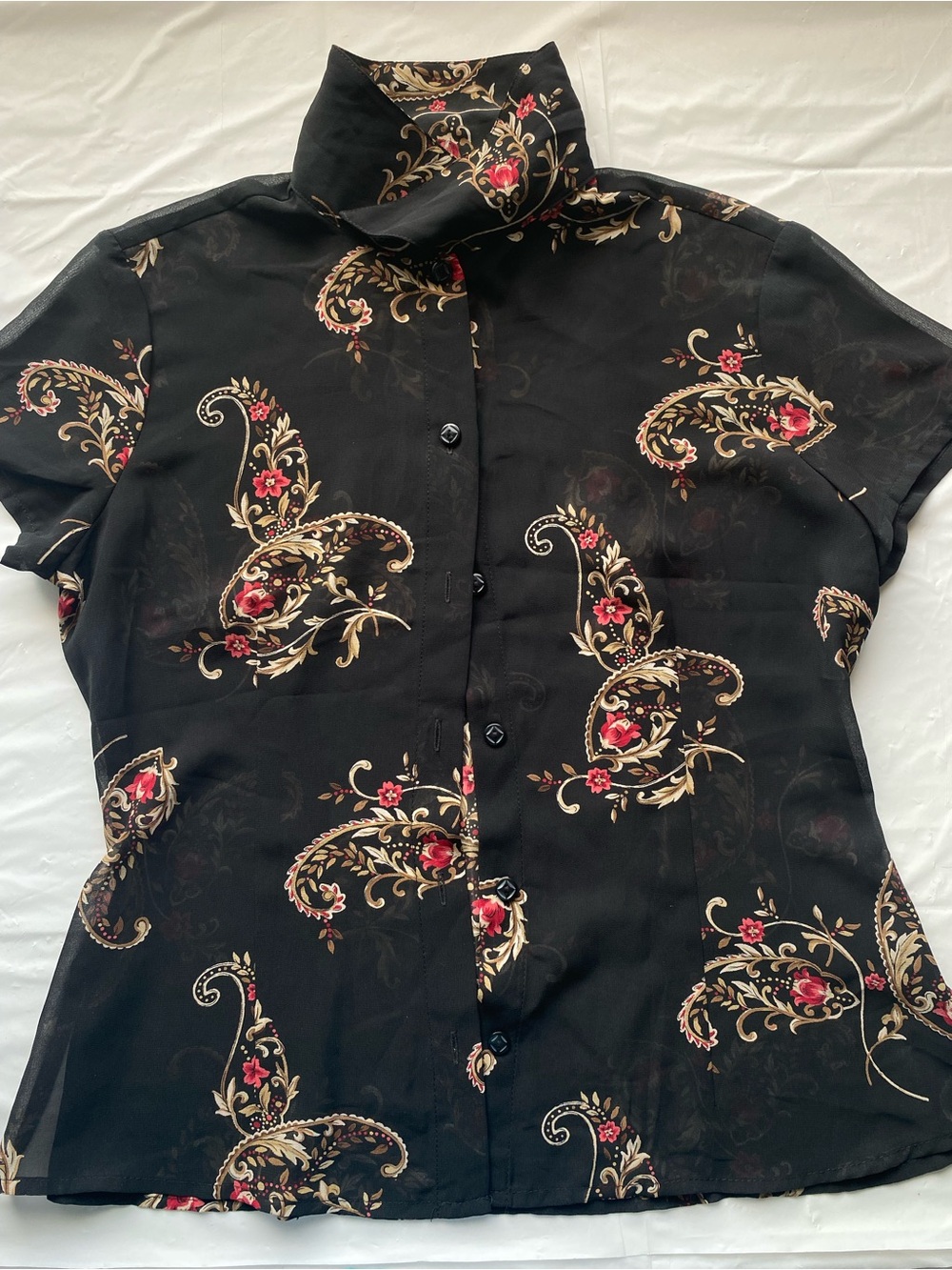 Emma James Petite Black Sheer Paisley Button Down Blouse Size 4P Liz Claiborne